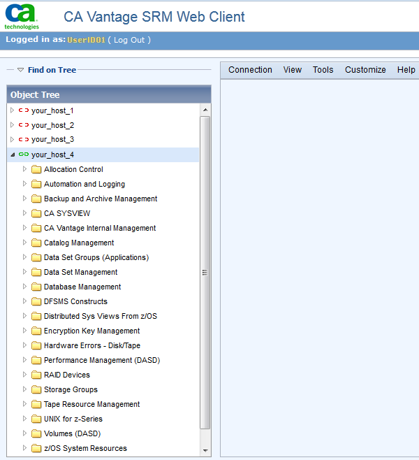 Screen shot example of the WebClient GMI Tree showing the Host ObjectTree