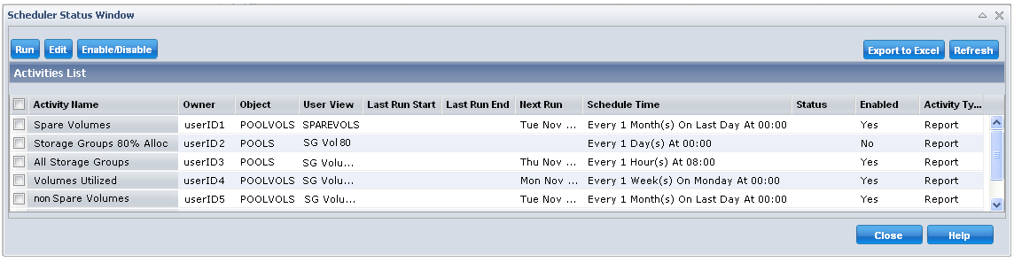Screen shot example of the Web Client's Scheduler Status Window listing scheduled activities.