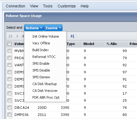 Screen shot example of the Web Client Actions Menu displayed from the Volume Space Usage object.