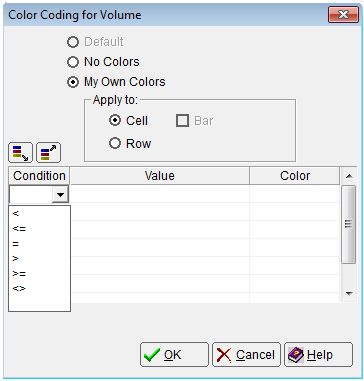 This is a screen shot example of the Column Color Code dialog with the Condition options displayed.