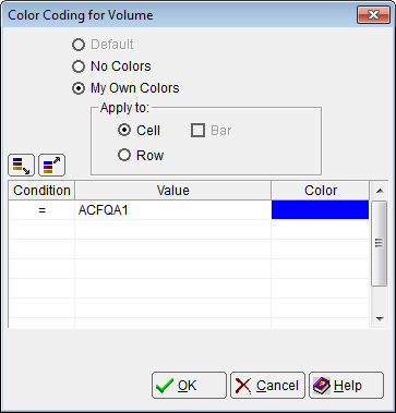 This is a screen shot example of the Column Color Code Dialog completed.
