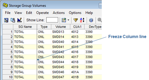This is a screen shot example of a Windows Client object with text pointing to the freeze column line.