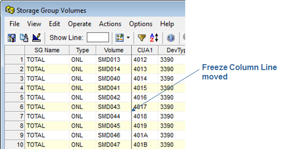 This a screen shot example of the Freeze Column Line after it is moved to another column.