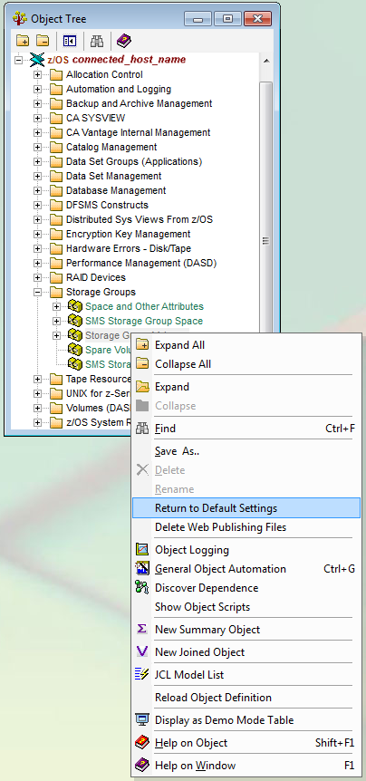 This is a screen shot example of the Return To Default Settings options displayed when right clicking an object in the object tree