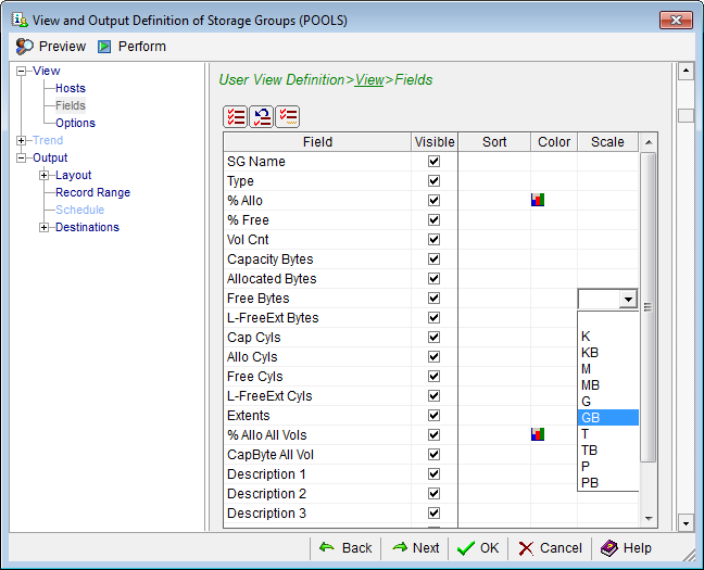 This is a screen shot example of the Windows Client View and Output wizard with the Fields Scales drop down list displayed.