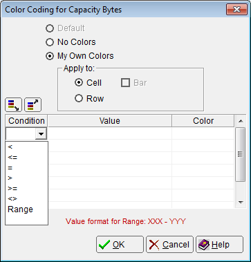 This is a screen shot example of the Windows Client Color Code dialog displaying Condition options.