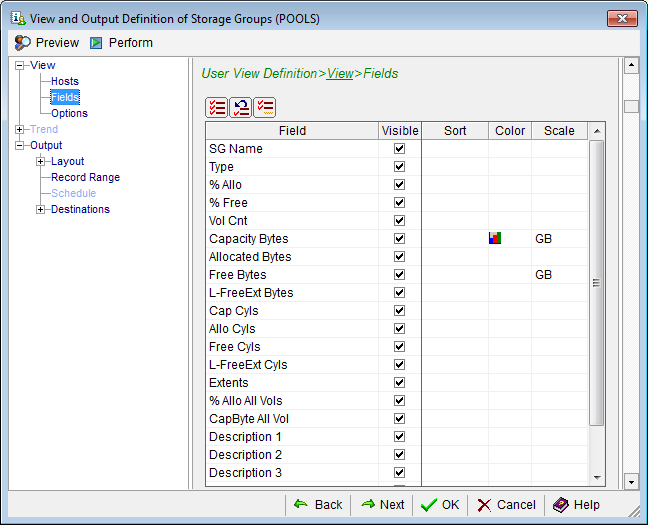 This a screen shot example of the Windows Client Output View and Output wizard Fields page, showing the field coloring icon.