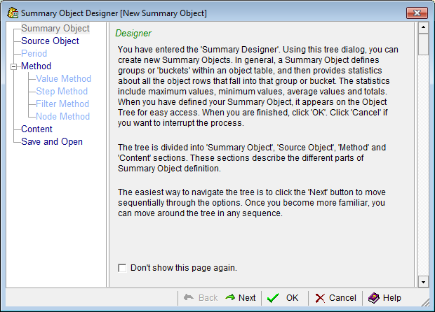 This is a screen shot example of the Windows Client Summary Object Designer.