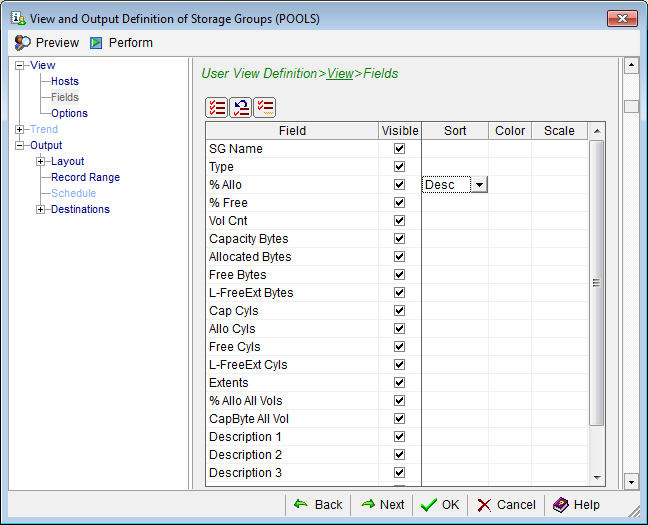This is a screen shot example of the Windows Client View and Output Wizard Fields page showing the sort in descending order option.