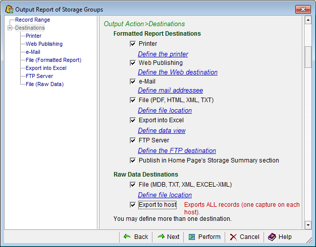 This is a screen shot example of the Windows Client Output Reports wizard Destinations page.
