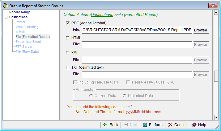 This is a screen shot example of the Windows Client Output Report wizard Destinations File Formatted Report page.