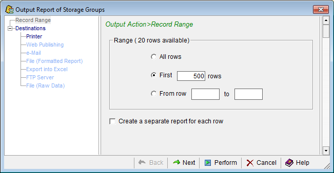 This is a screen shot example fo the Windows Client Output Report wizard, Record Range page