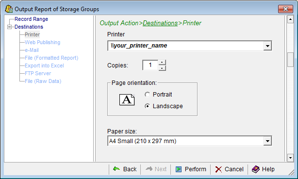 This is a screen shot example of the Printer Desitnations page of the Output Report wizard.
