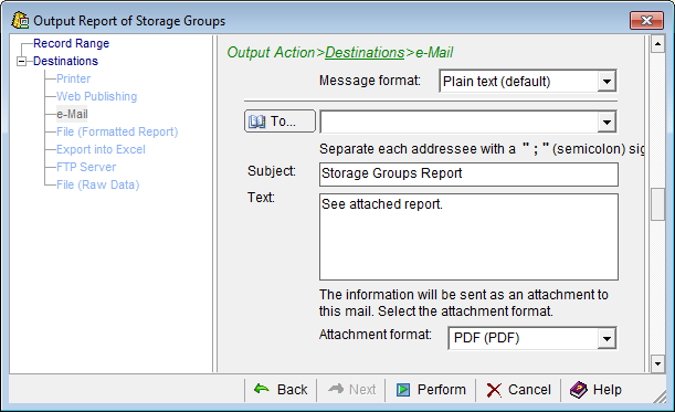 This is a screen shot example of the Email Report Desitnation page of the Output Report wizard.