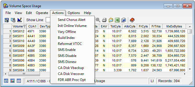 This is a screen shot example of the Windows Client Volume Space Usage object, showing the Actions drop-down list for it.