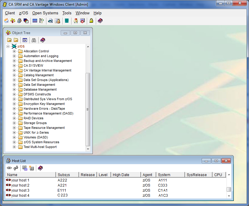 This is a screen shot example of the Windows Client window, with the zOS object tree and Host list windows opened.