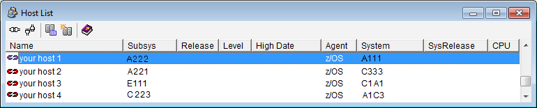The is a screen shot example of the Host List dialog, and one host definition connection is selected
