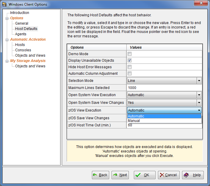 This is a screen capture of the Global Options wizard, with the Host Defaults page open and the z/OS View Execution option drop-down list open.