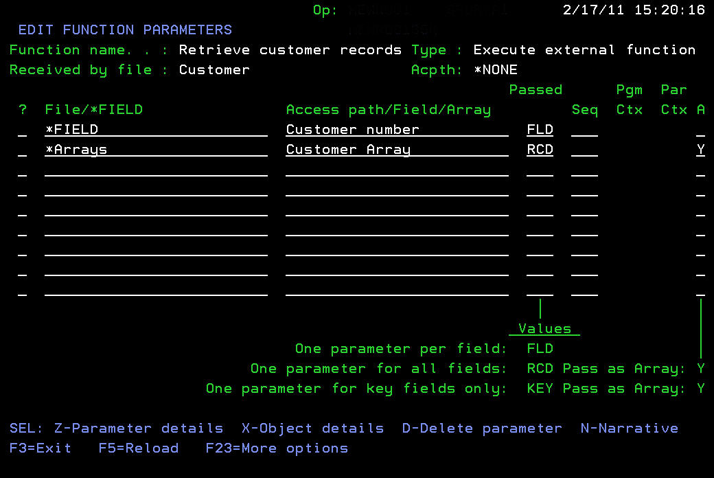 Parameters with the Edit Function Parameters Panel