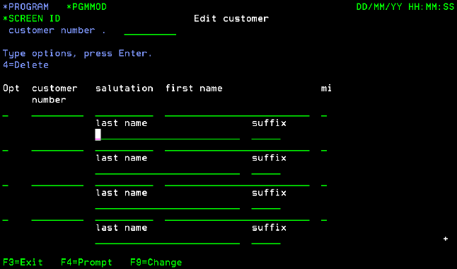 Example screen with subfile record extending over more than one display line.