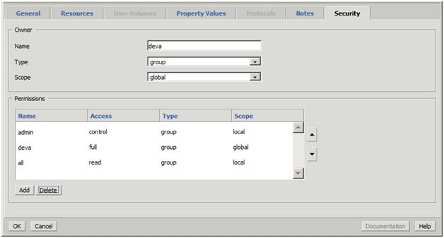 Security tab of the application configuration dialog