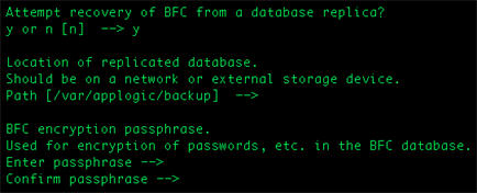 Prompt per la replica di database di installazione BFC