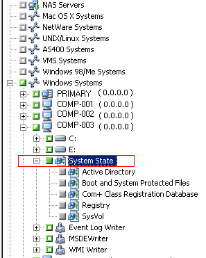 Backup Manager Source tab. The System State displays and is selected.
