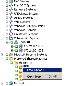 Backup Manager window.  A volume with Local Backup option is specified.
