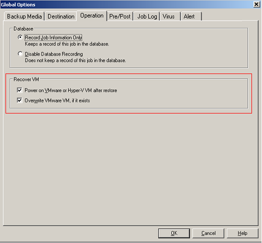 Restore Manager Global Operation options. The Recover VM options are highlighted.