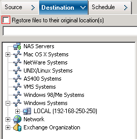Restore Manager Window and the Destination tab is selected. Restore files to their original location is highlighted.