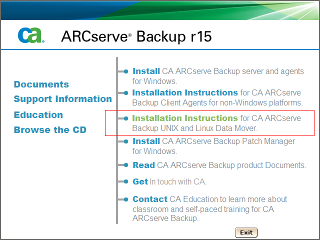 Installation Browser. Installation Instructions for UNIX and Linux Data Mover is highlighted.