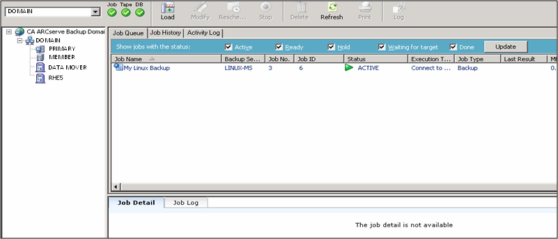 Job Status Manager. A data mover server is selected and contains a job in the Job Queue.