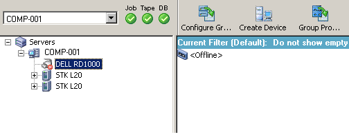 Device Manager window with an offline library drive.