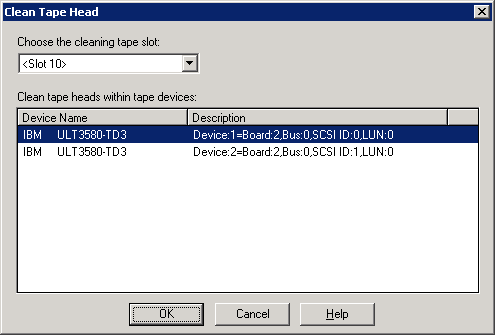 Clean Tape Head dialog. The cleaning tape slot and the device are specified.