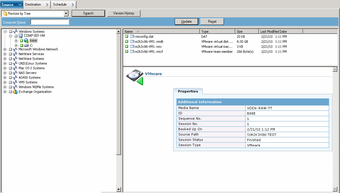 Backup Manager Window with the Source tab selected. The objects specified relate to raw (full VM) backups.