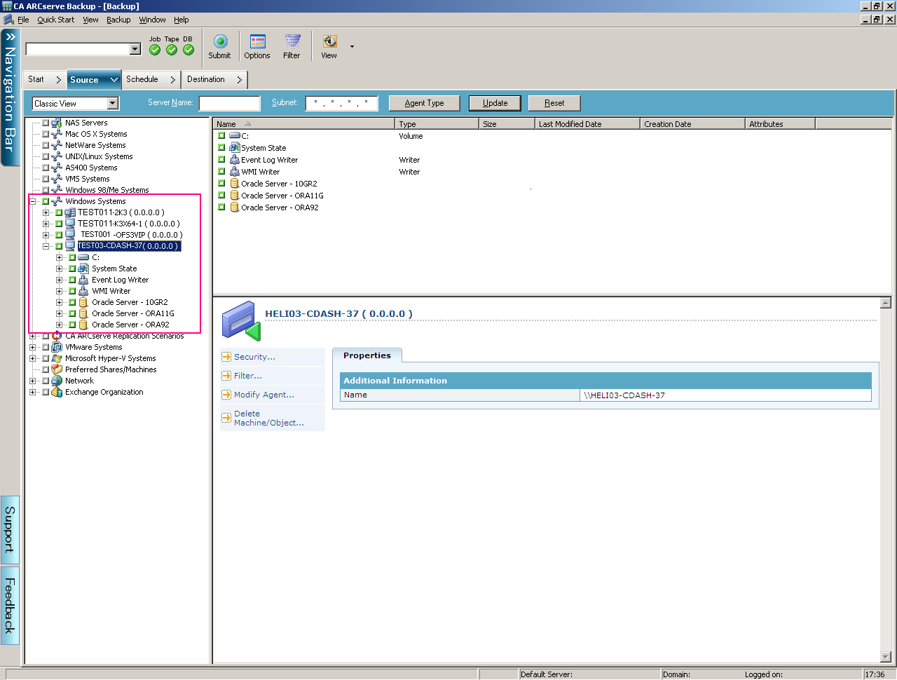 Oracle instances that are backed up and listed under the Oracle Server