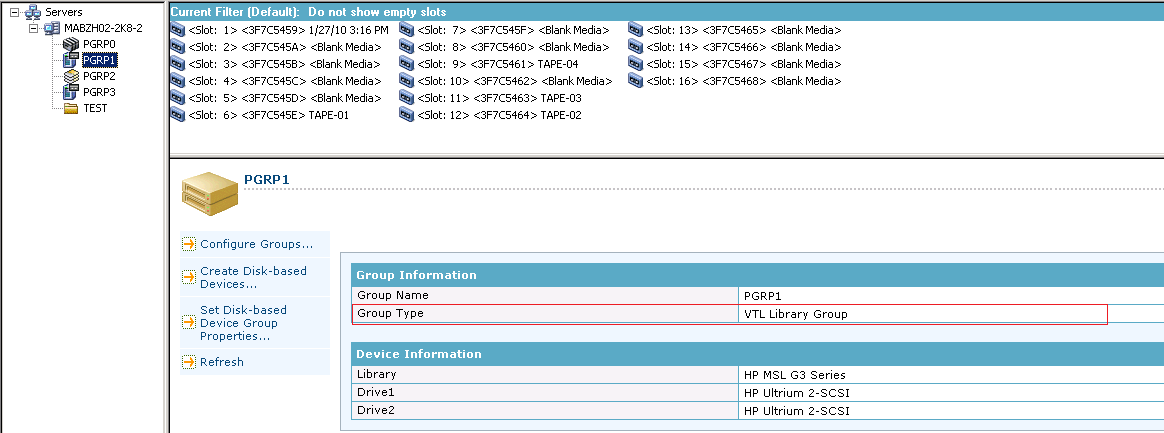Backup Manager - Destination Tab.  GRP0 is selected and the Group name is highlighted.