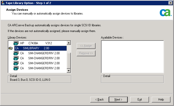 Tape Library Option - Assign Devices - Step 1 of 2 dialog.