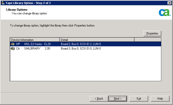 Tape Library Option - Library Options - Step 2 of 2 dialog.