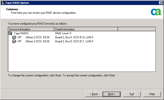 Tape RAID Option dialog. Summary information is shown.