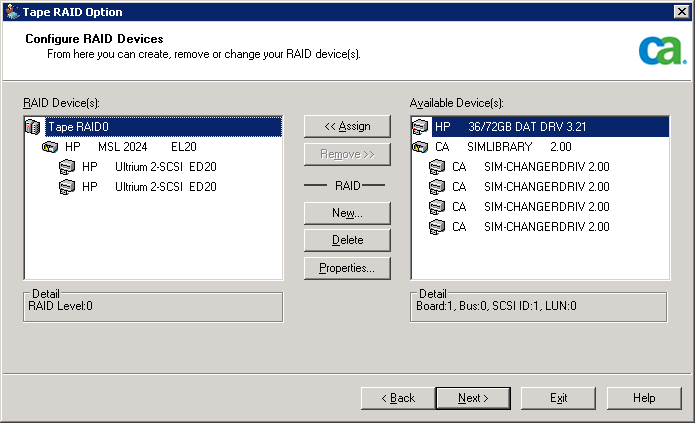 Tape RAID Option - Configure RAID Devices dialog.