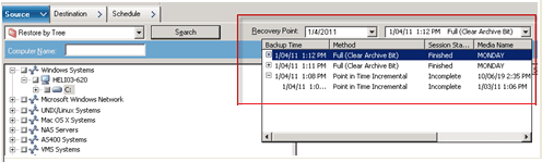 选择源以提交时间点还原作业