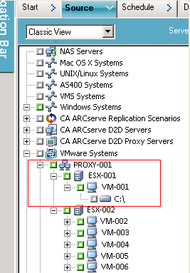 “VMware VCB 系统”对象被扩展以显示虚拟机的“备份管理器”窗口。