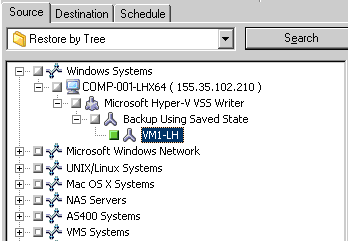 “还原管理器源”树。 展开“Windows 系统”对象以显示要还原的 Hyper-V 数据。