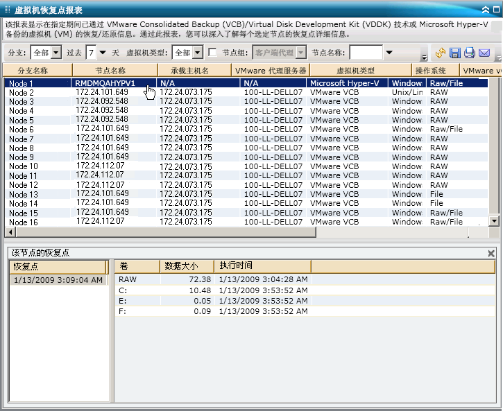 虚拟机恢复点报表 - 深入报表
