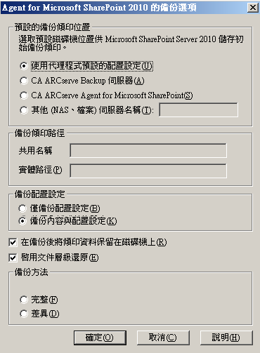 SharePoint 2010 中的備份選項對話方塊