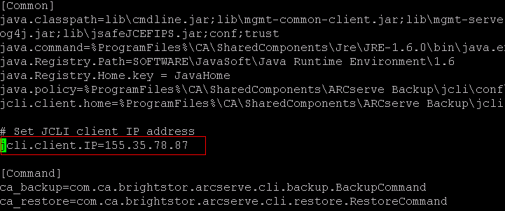 從 “jcli.client.IP=” 移除註解語法，以設定指定的 IP 位址。