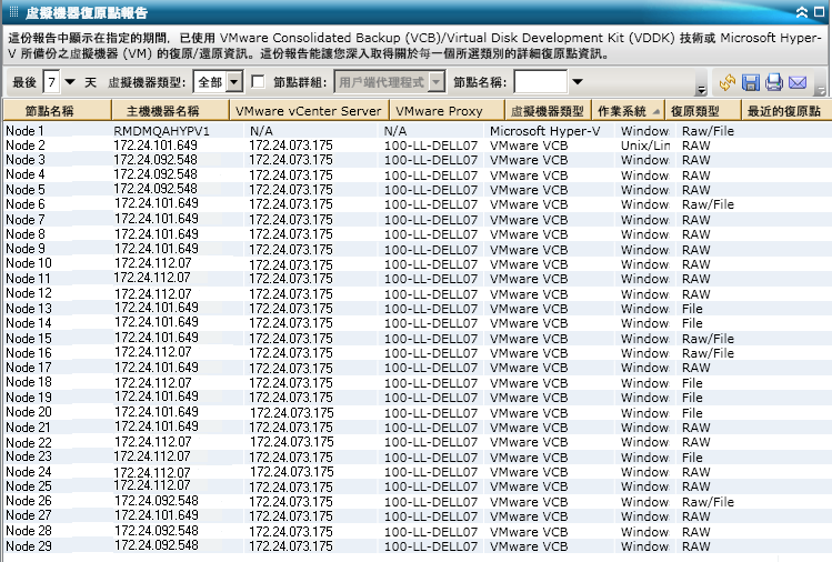虛擬機器復原點報告 - 摘要清單報告