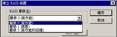 [建立 RAID 裝置] 對話方塊。 已選取層級 0 (高效能)。