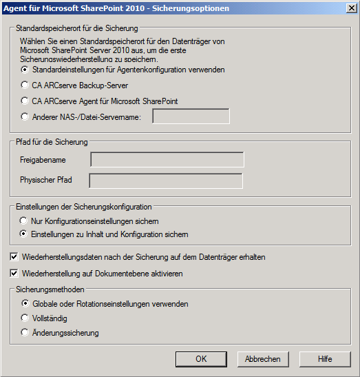Dialogfeld "Sicherungsoptionen" in SharePoint 2010